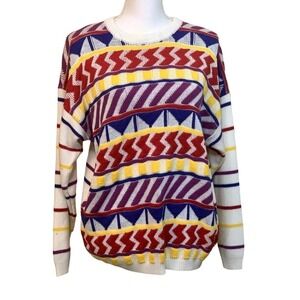 Organically Grown retro cream stripe pullover sweater, medium, colorful, wacky